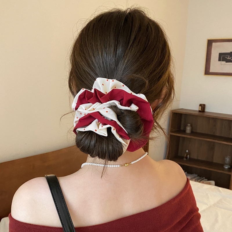 Women's New Year Cloth Hair Tie Scrunchie Red And White Polka Dots