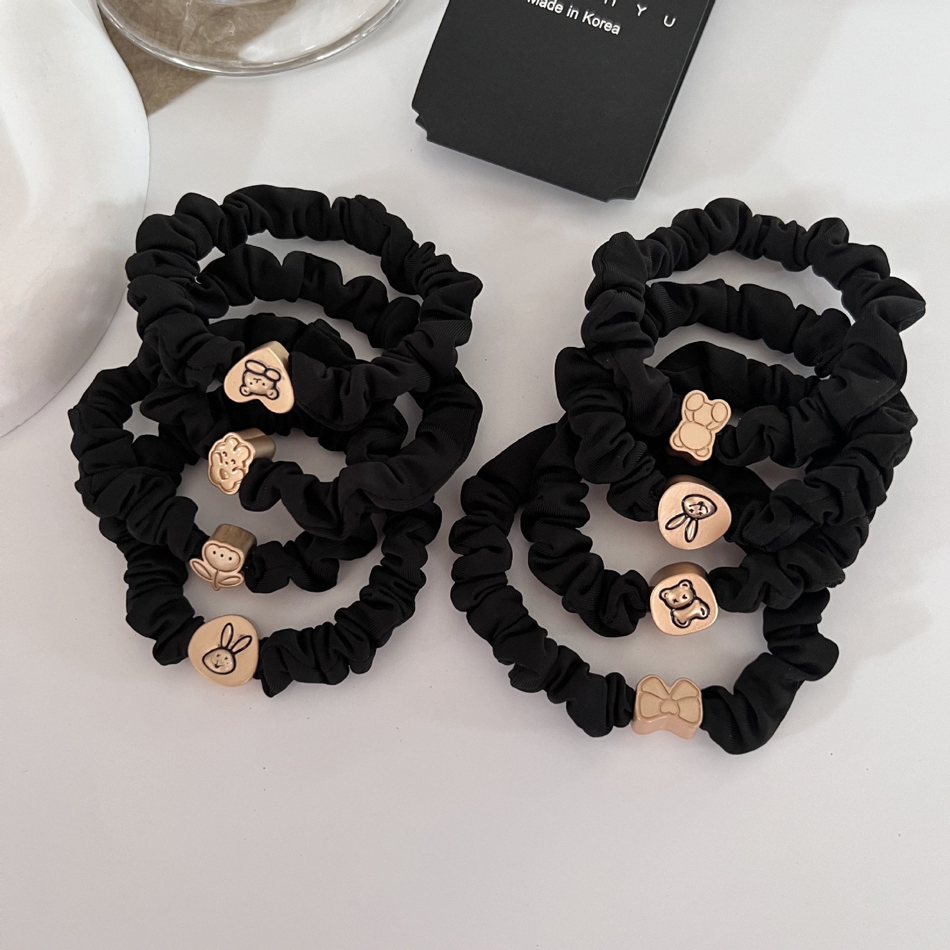 Women's Elastic Cloth Ponytail Hair Tie Set Black Bear Rabbit Bow Pattern