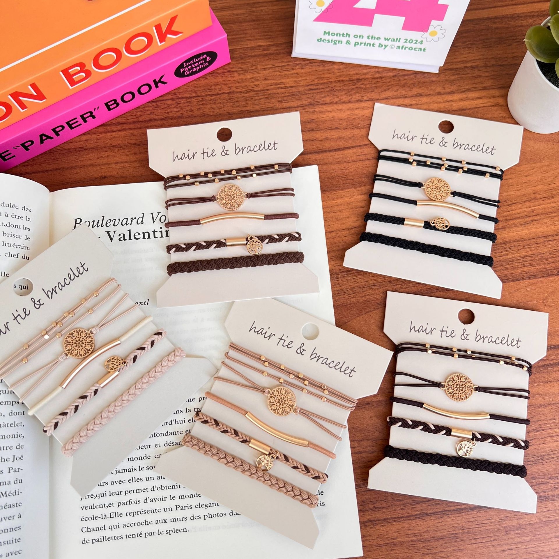 Women's 5Pcs Brown Metal Tree of Life Elastic Hair Tie Bracelet Set