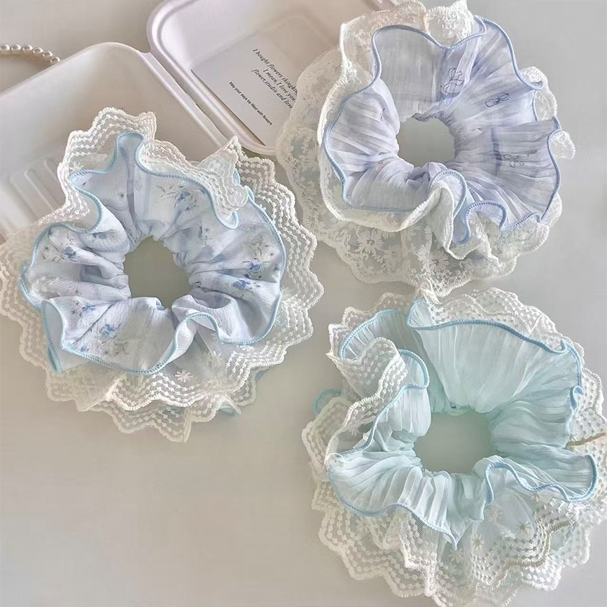 Women's Spring Summer Japanese Lace Hair Tie Blue Ditsy Floral