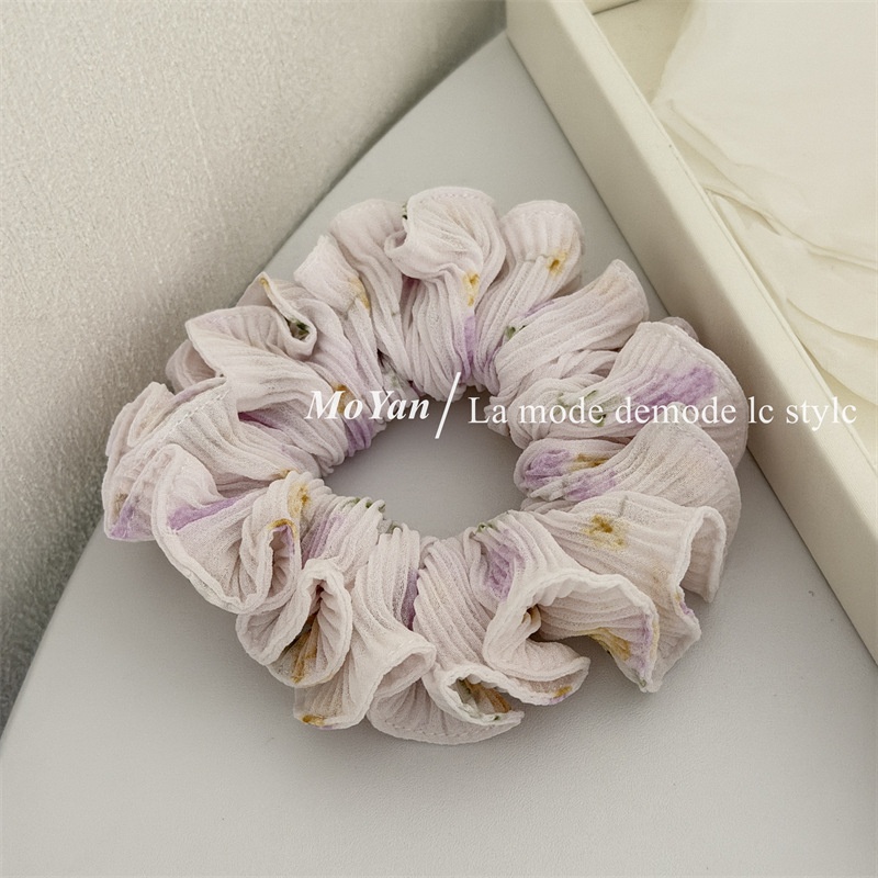 Women Chiffon Hair Tie Sweet Ditsy Floral Spring Accessory White Beige