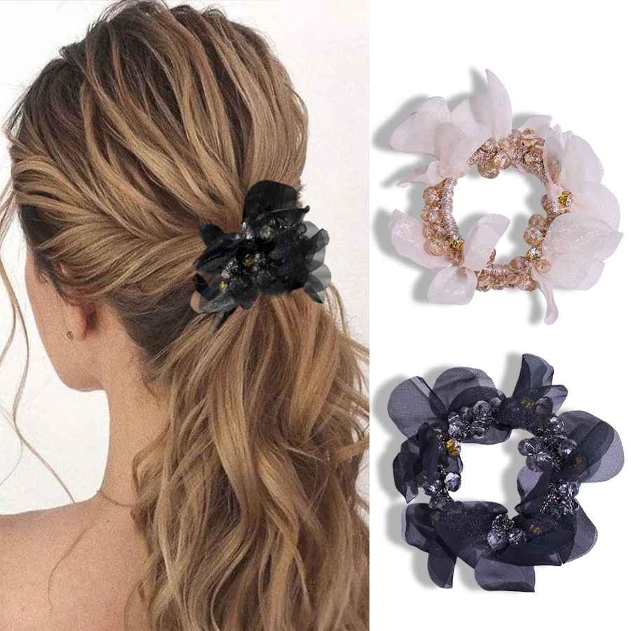 Women's Fairy Crystal Petal Hair Ring Organza Ponytail Tie Black Champagne