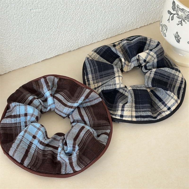 Women's Coffee Plaid & Blue Polka Dot Fabric Bun Headband Hair Tie