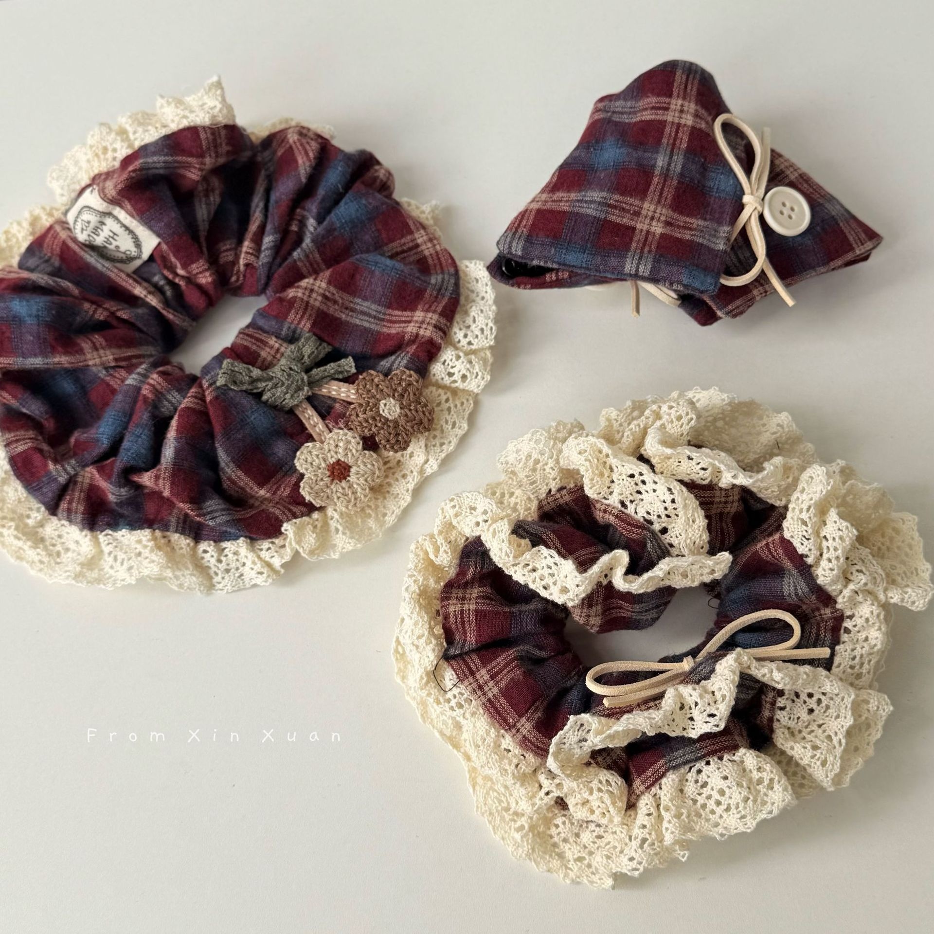 Women's Retro Red Plaid Hair Ties Sweet Early Autumn Embroidered Lace Bands