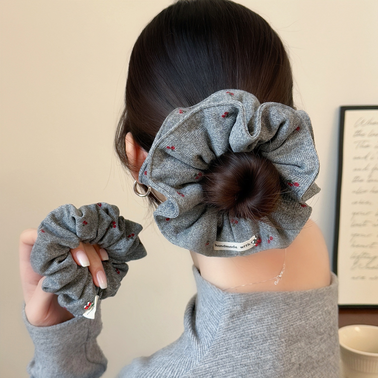 Women's Autumn Winter Cloth Bun Hair Ties Simple Gray Cherry Print