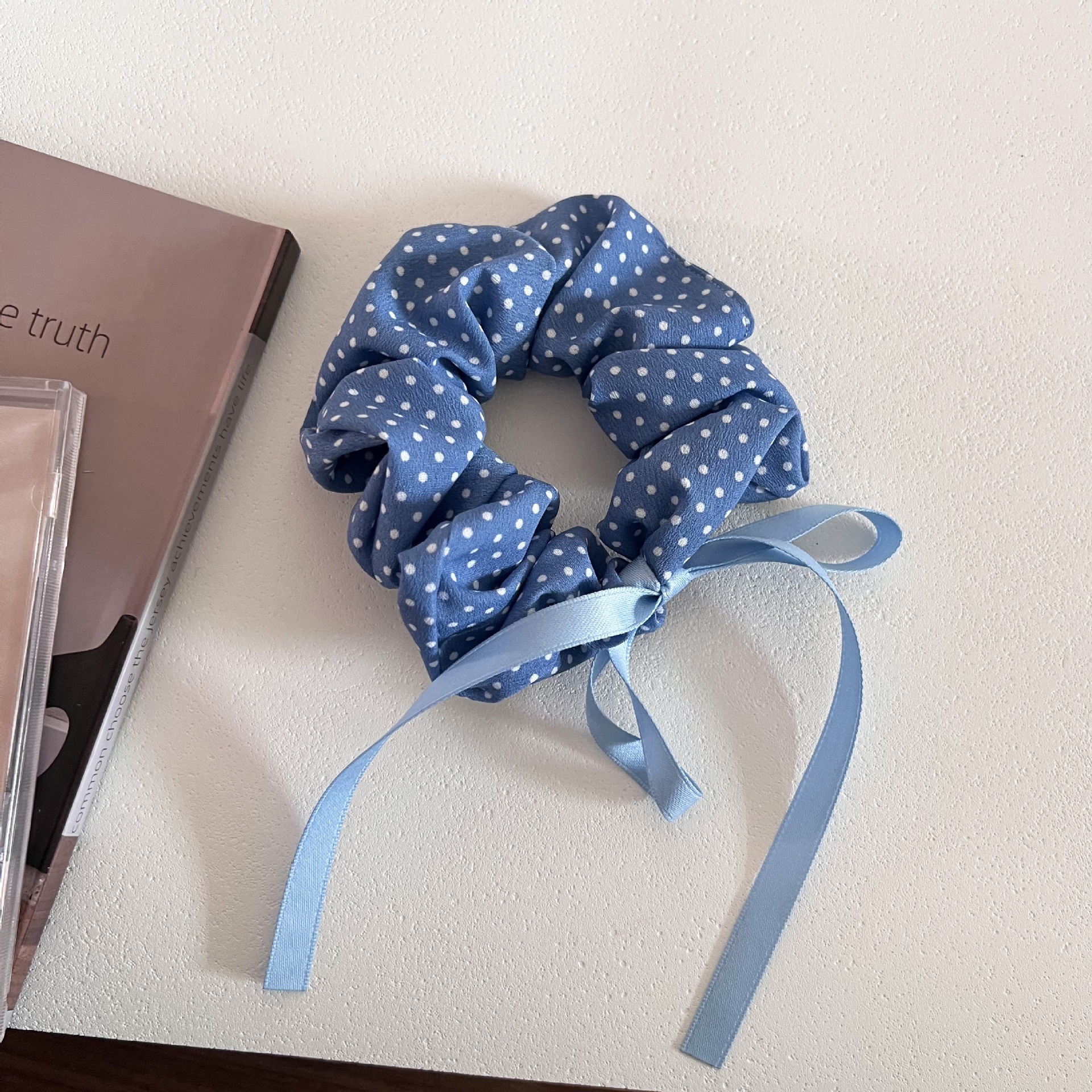 Women's Large Cloth Bow Scrunchie For Hair Buns Blue Plaid Polka Dot