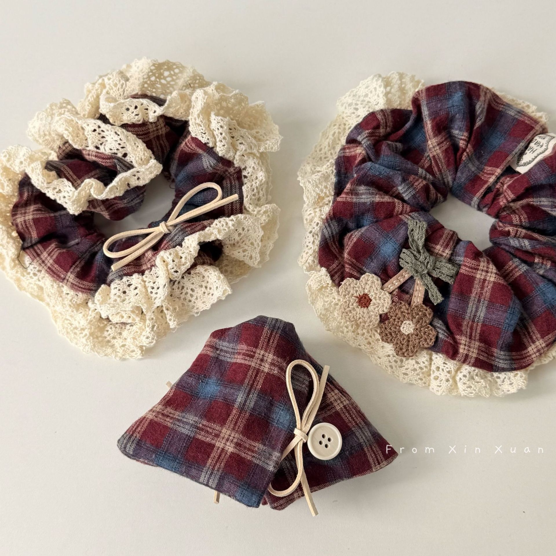 Women's Retro Red Plaid Hair Ties Sweet Early Autumn Embroidered Lace Bands