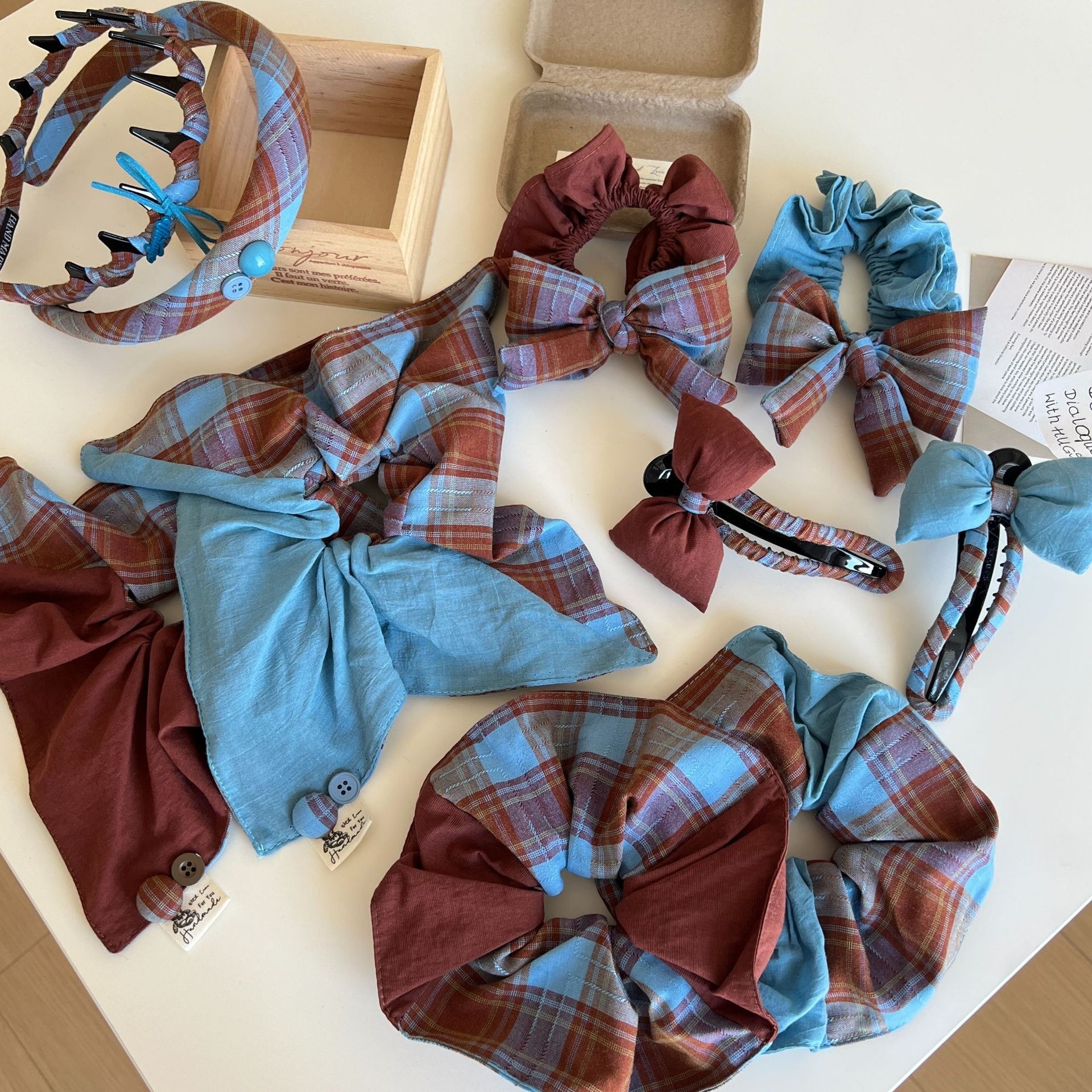 Women Girls Cloth Scarf Ponytail Hair Tie Blue Red Plaid Lattice