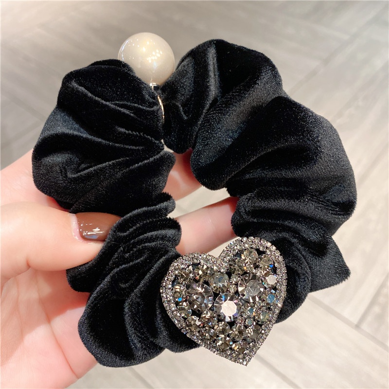 Ladies Velvet Lazy Low Bun Hairband Rhinestone Heart Bow Khaki Black