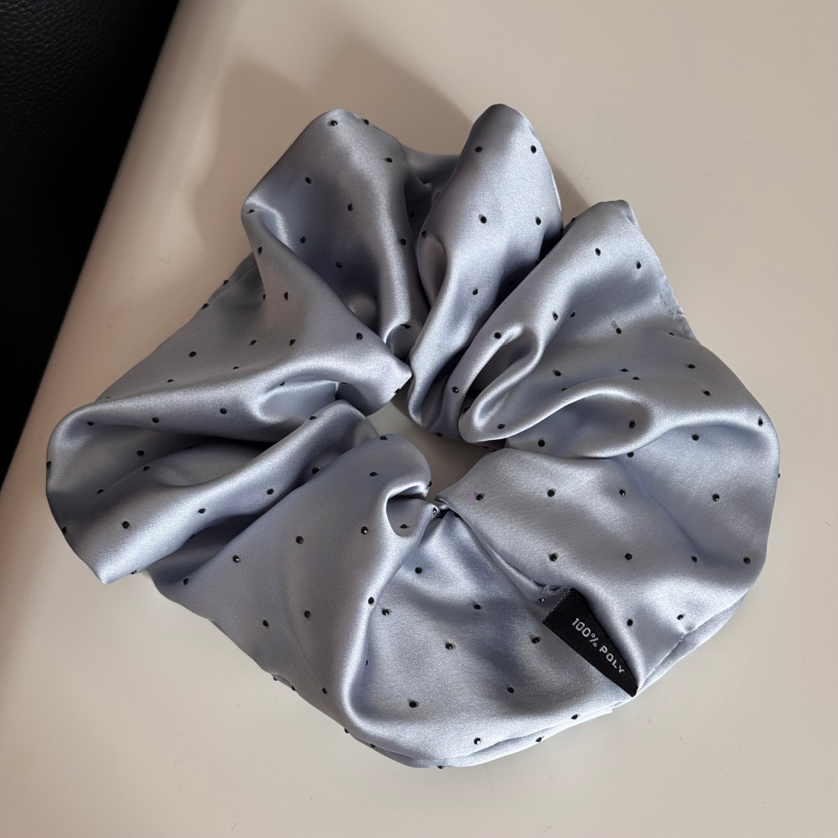 Women's Elegant Spring Satin Hair Tie Scrunchie in Beige Polka Dots