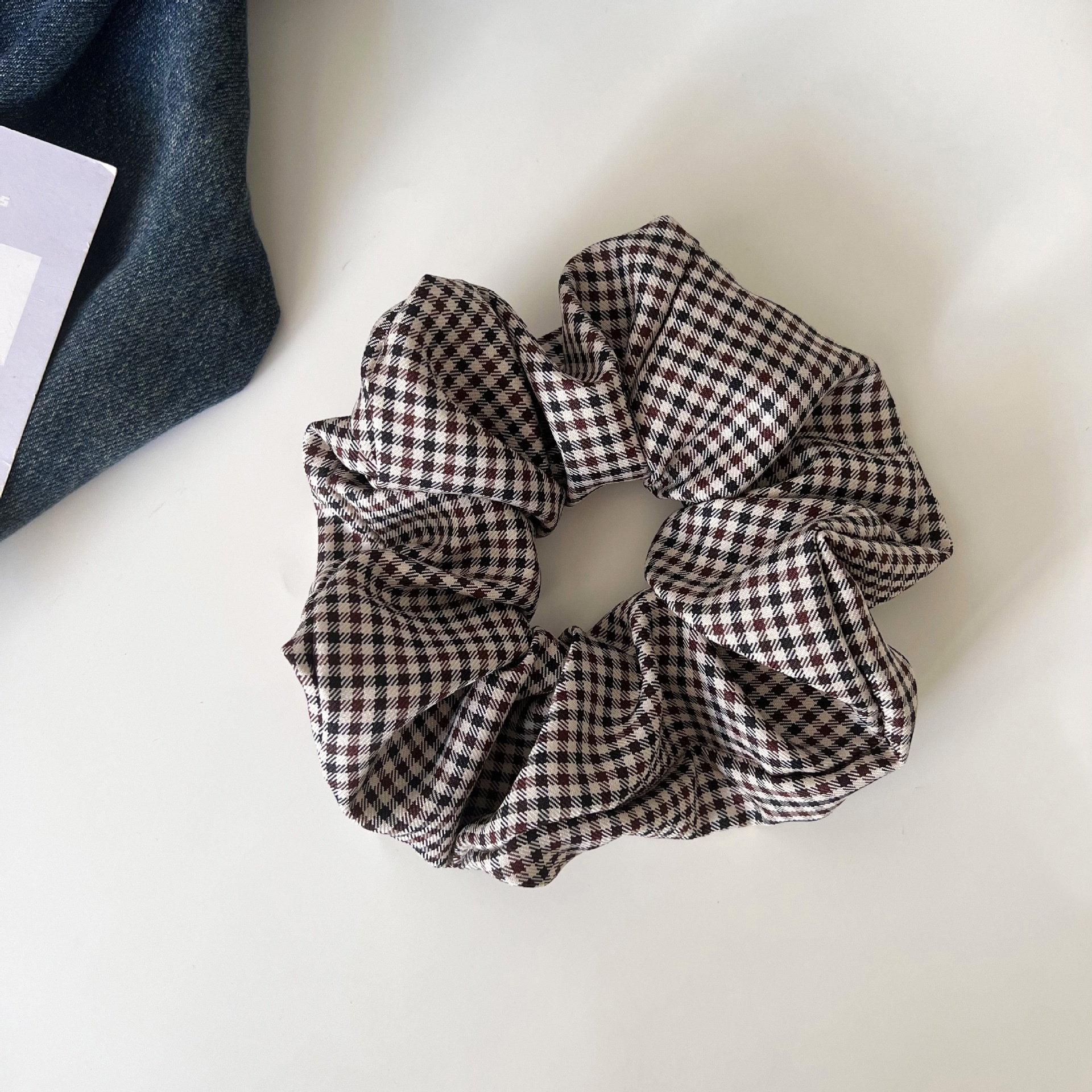 Women's Trendy Black & White Plaid Scrunchie with Pearl Bow Knot