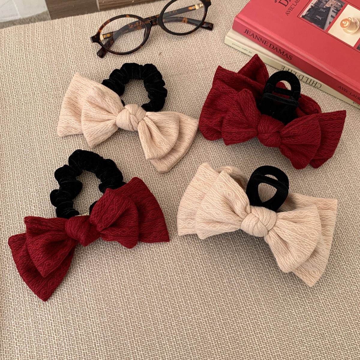 Women's Retro Knitted Bow Hair Claws & Ties Autumn Winter Beige Red Accessories