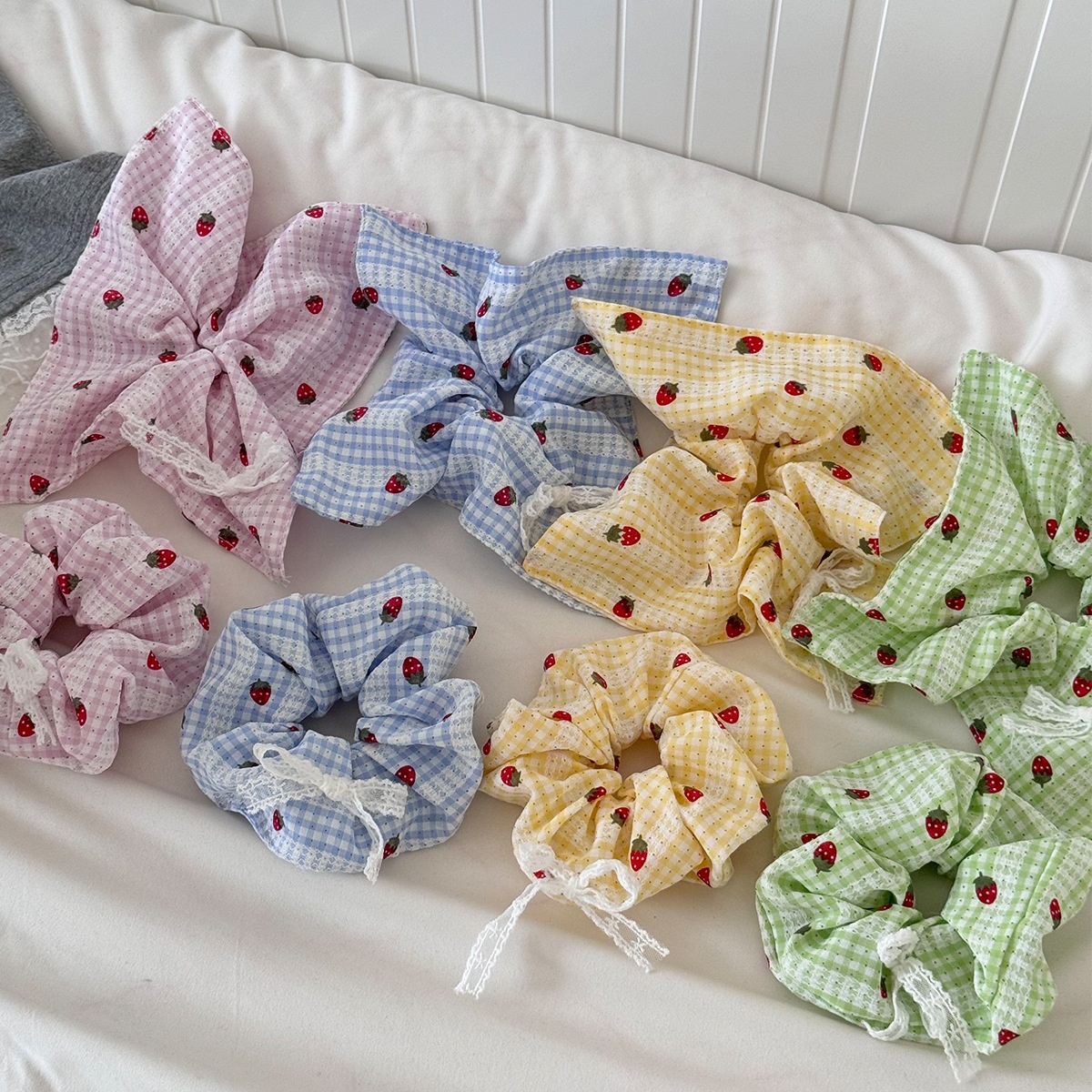 Women's Sweet Strawberry Plaid Lace Bow Scarf Hair Tie Cloth Ponytail Band