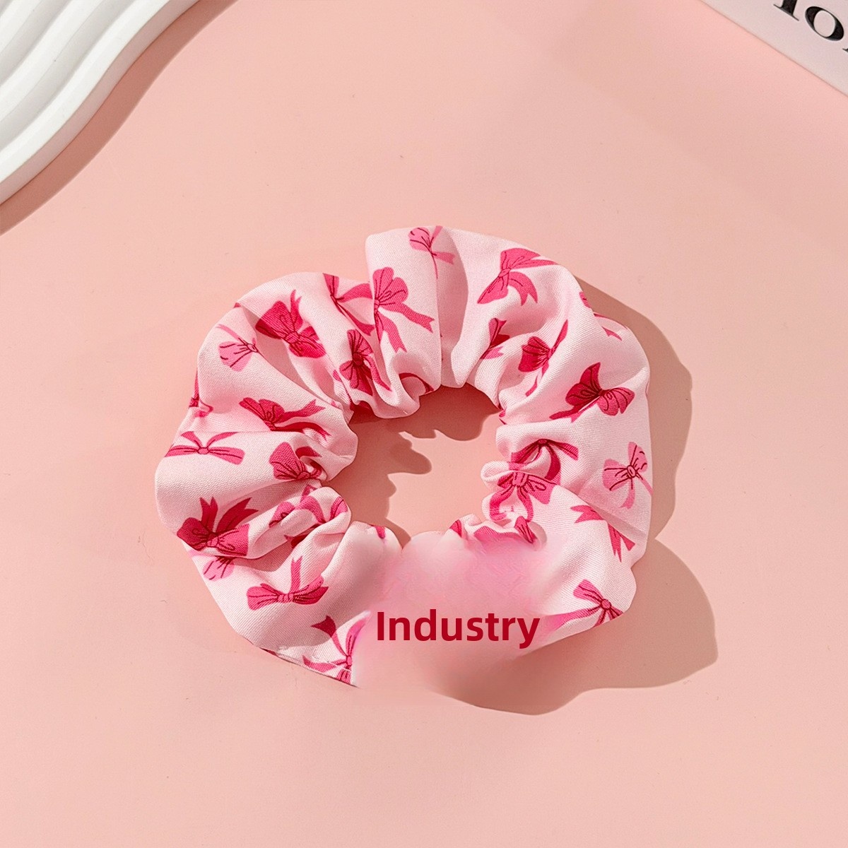 Women's Large Elastic Fabric Hairband White Pink Ribbon Bow Knot Print