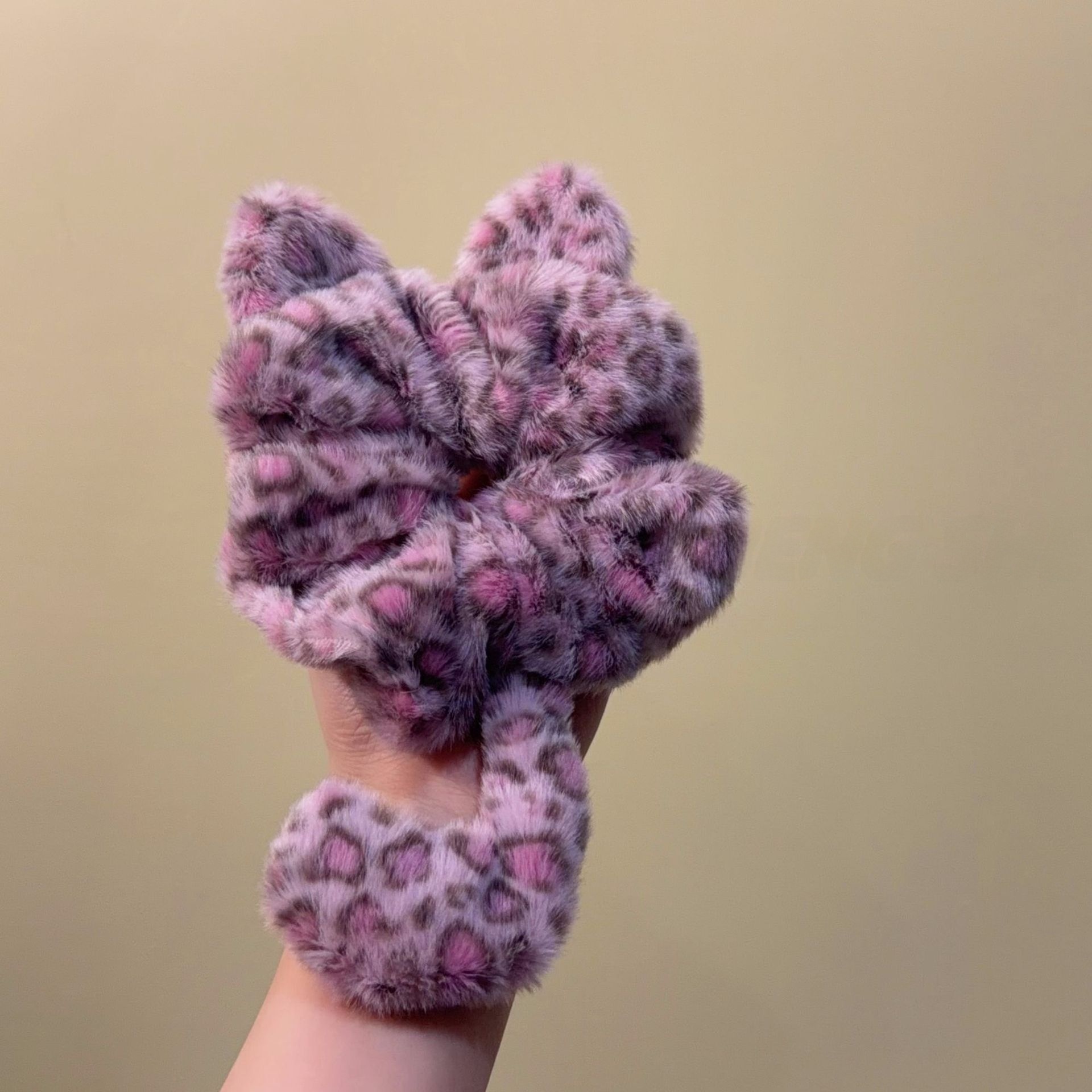 Women's Plush Animal Hair Tie, Purple Leopard Print Autumn Winter Accessory