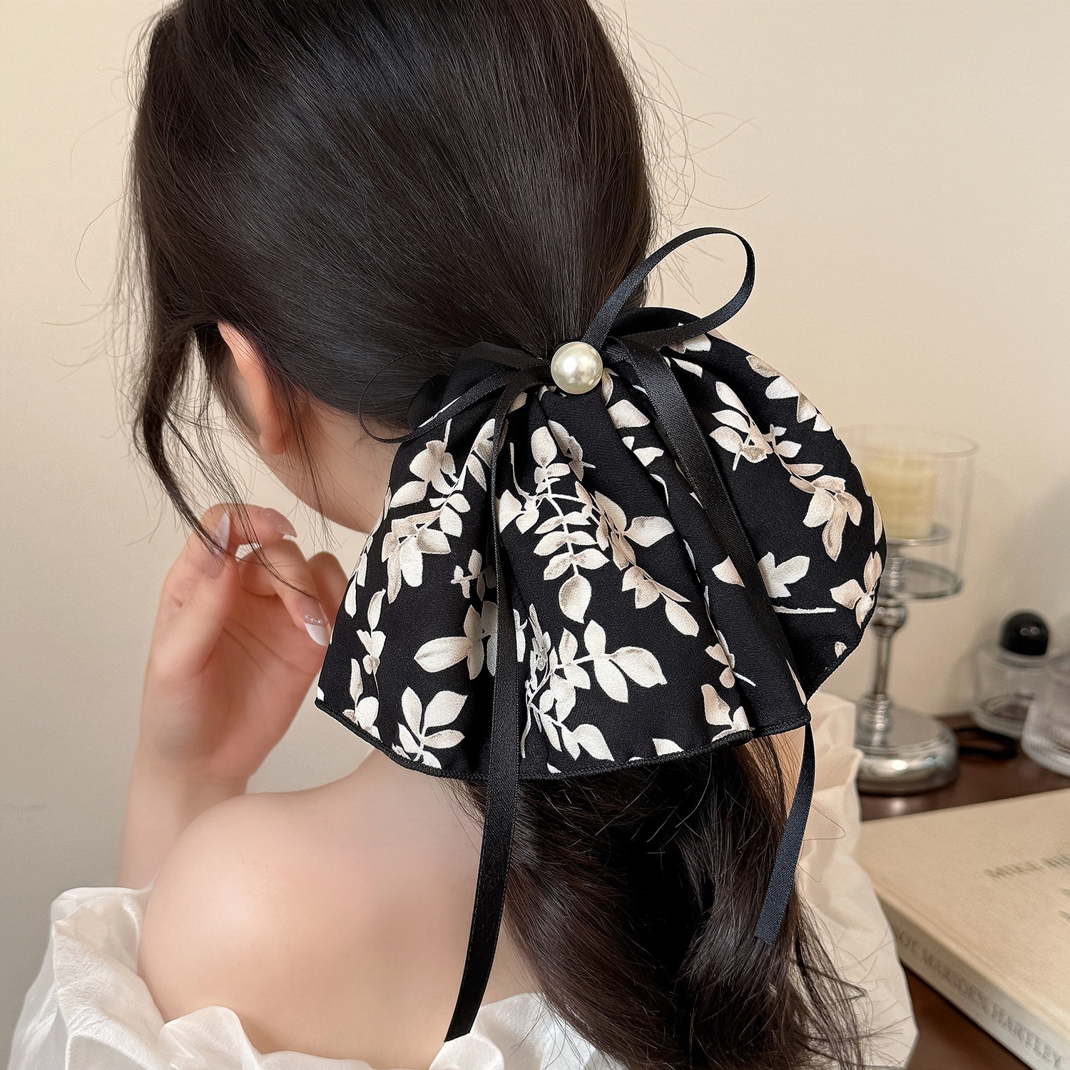 Women's Spring Summer Cloth Bow Knot Hair Tie Black Ink Painting