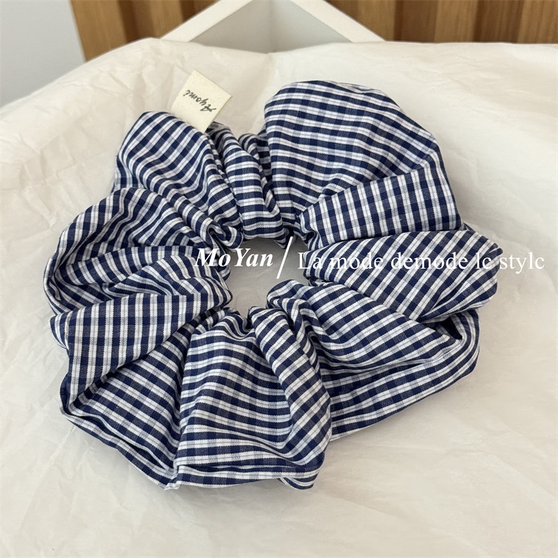 Women's Everyday Cloth Scrunchie Hair Tie Navy Blue Plaid Checkered