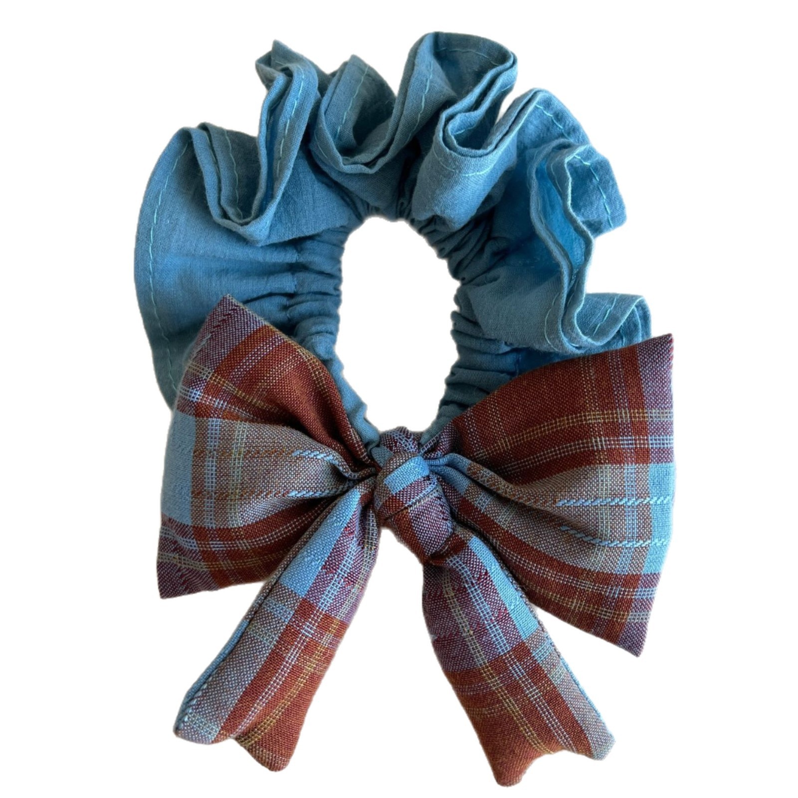 Women Girls Cloth Scarf Ponytail Hair Tie Blue Red Plaid Lattice