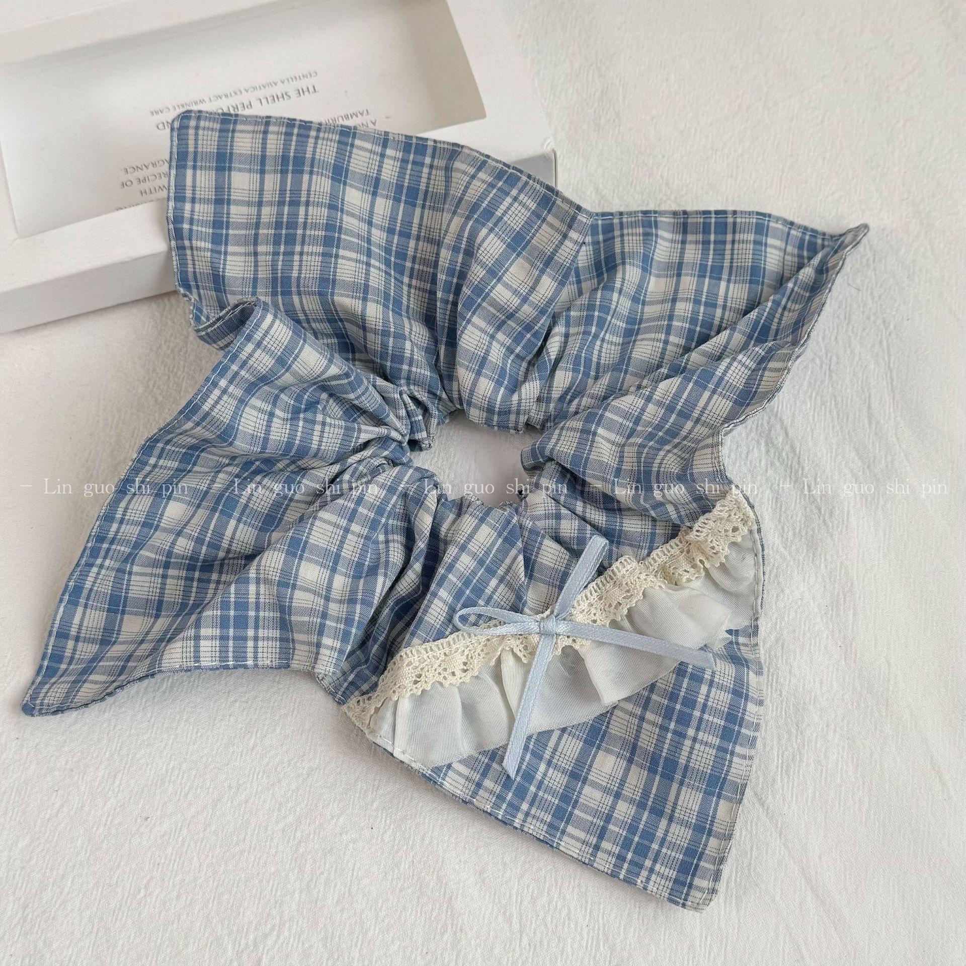 Women's All-Season Preppy Cloth Bowknot Hair Tie Blue Plaid Lace