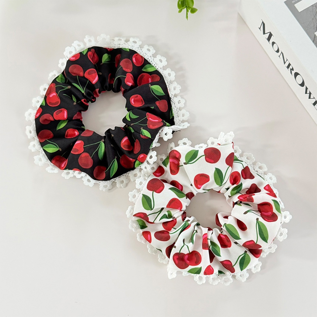 Women's Elegant Lace Cloth Hair Tie For Stylish Looks Cherry Pattern White