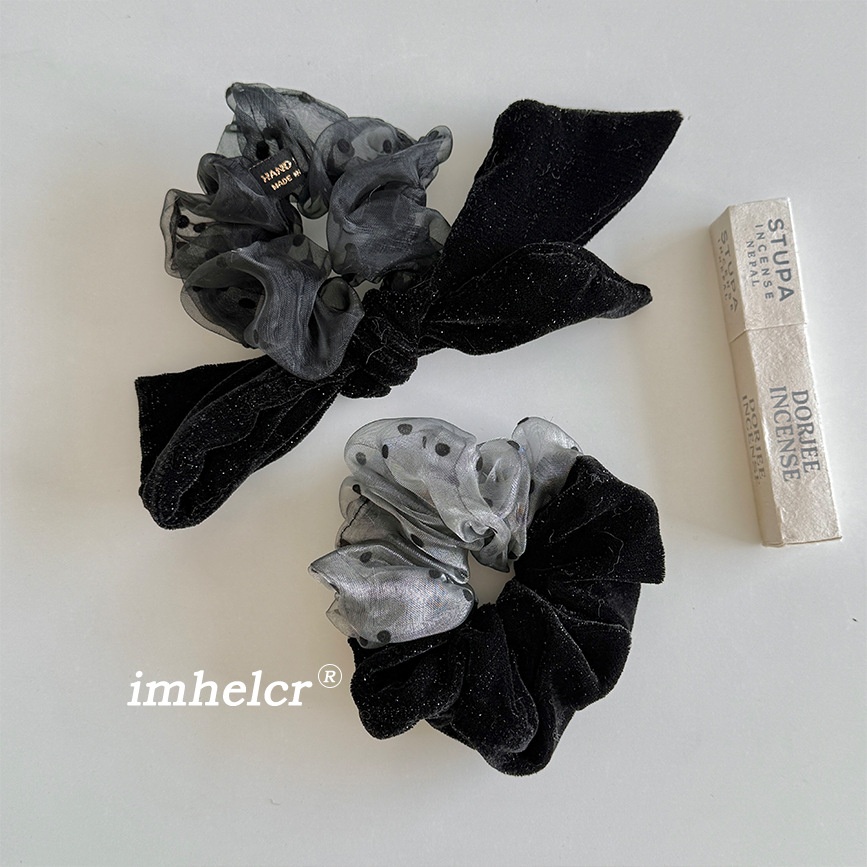 Women's Shiny Stitching Velvet Bowknot Hair Tie Black Polka Dots