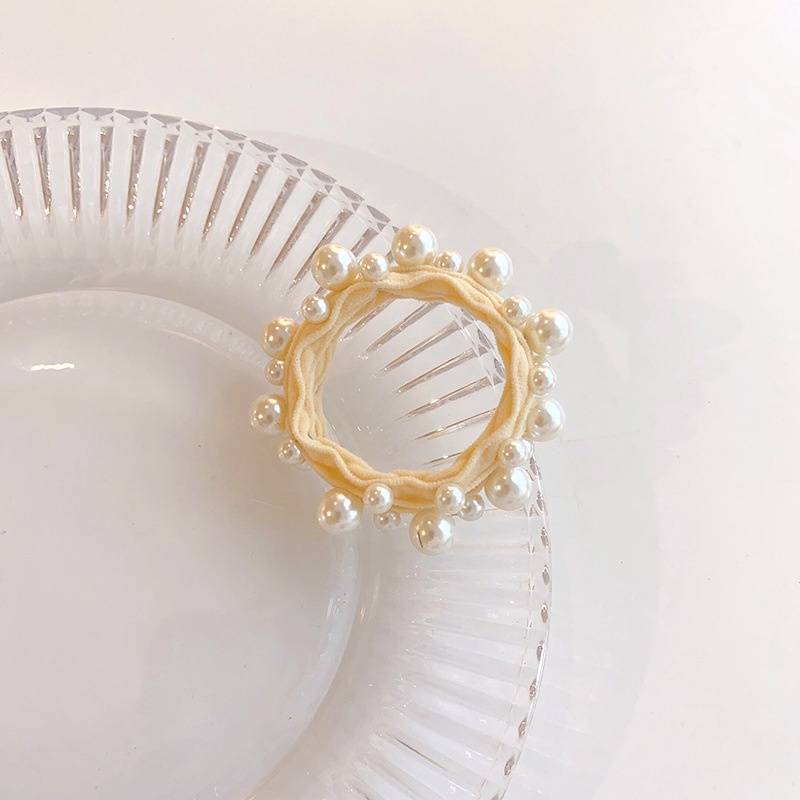 Women's Milk Tea Oval Pearl Hair Ties Seamless Elastic Handmade Towel Rings
