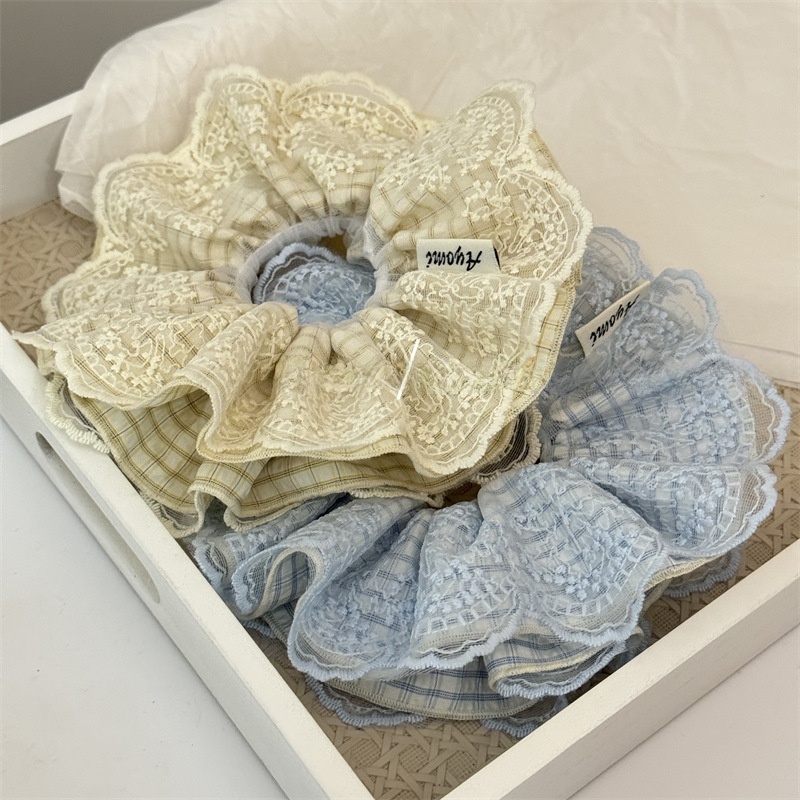 Women's All-Season Cloth Lace Scrunchies Hair Tie Beige Blue Plaid