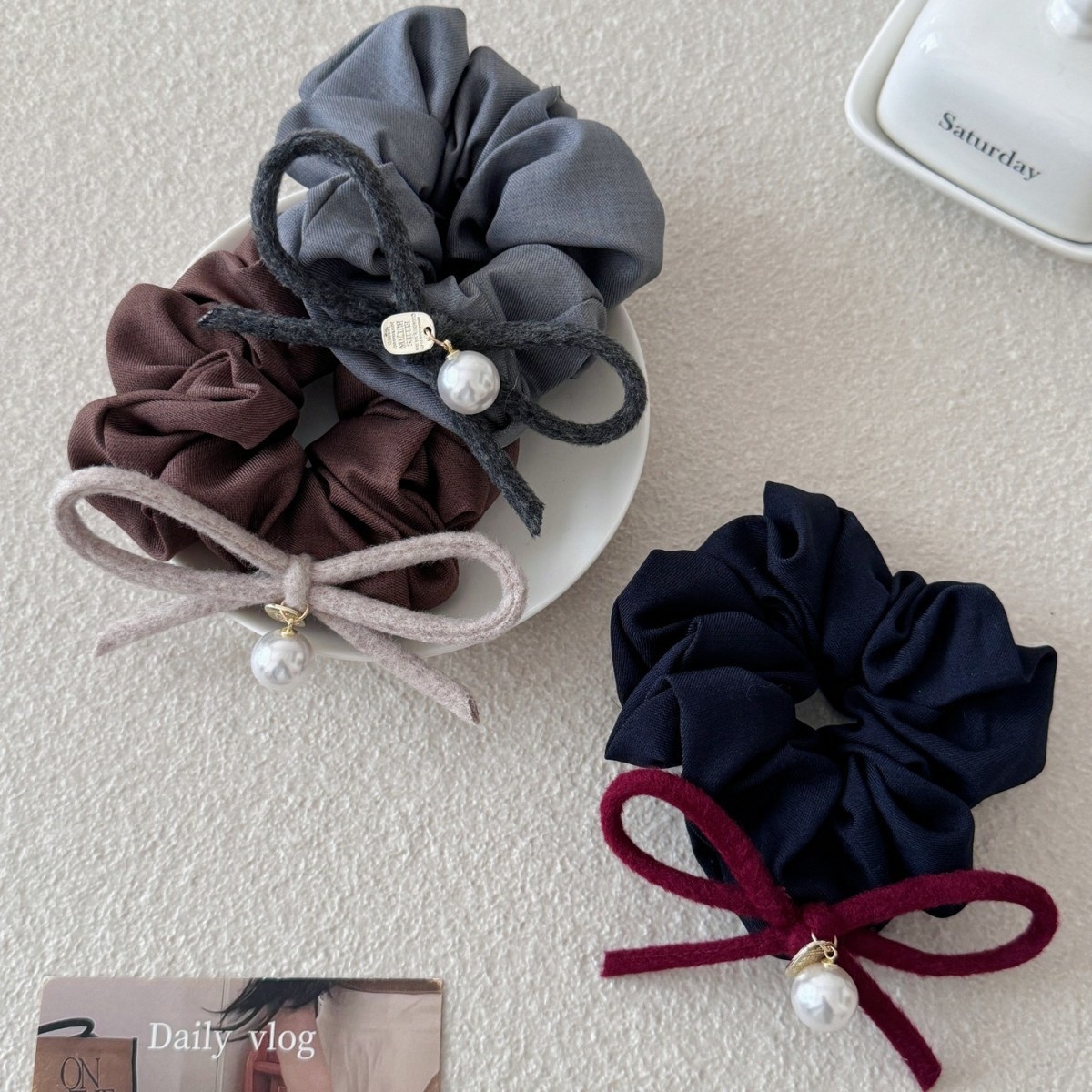 Women's Elegant Large Bow Hair Tie with Pearl Pendant Fabric Butterfly Knot