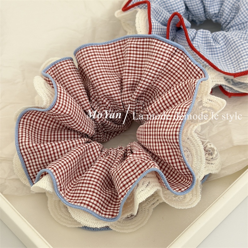 Women's Cloth Hair Tie Scrunchies Red Blue Checkered Plaid