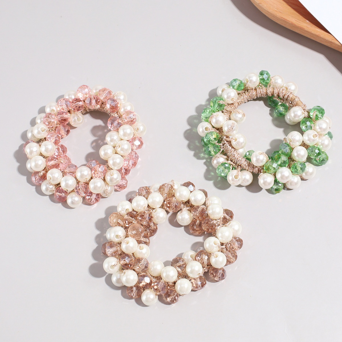 Women's Crystal Pearl Elastic Bun Hairband Brown White Pink Green