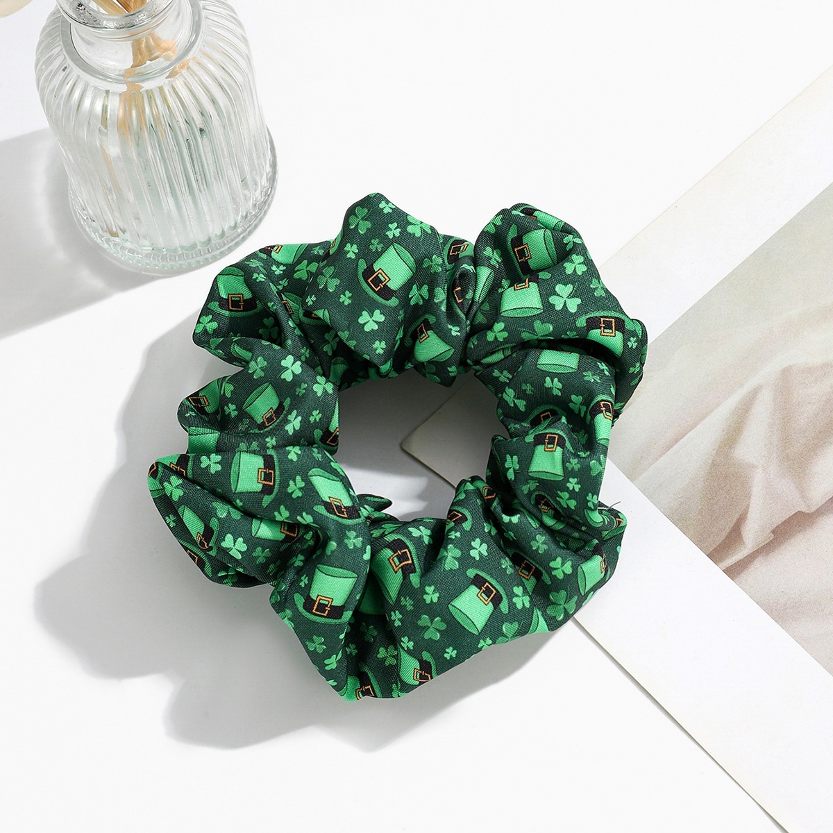 Women's St. Patrick Fabric Scrunchie Green Four-Leaf Clover Plaid
