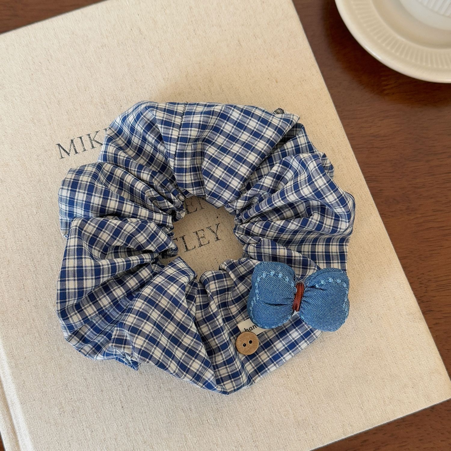 Women's Stylish Cloth Bowknot Scrunchie Blue Plaid Bear Pattern