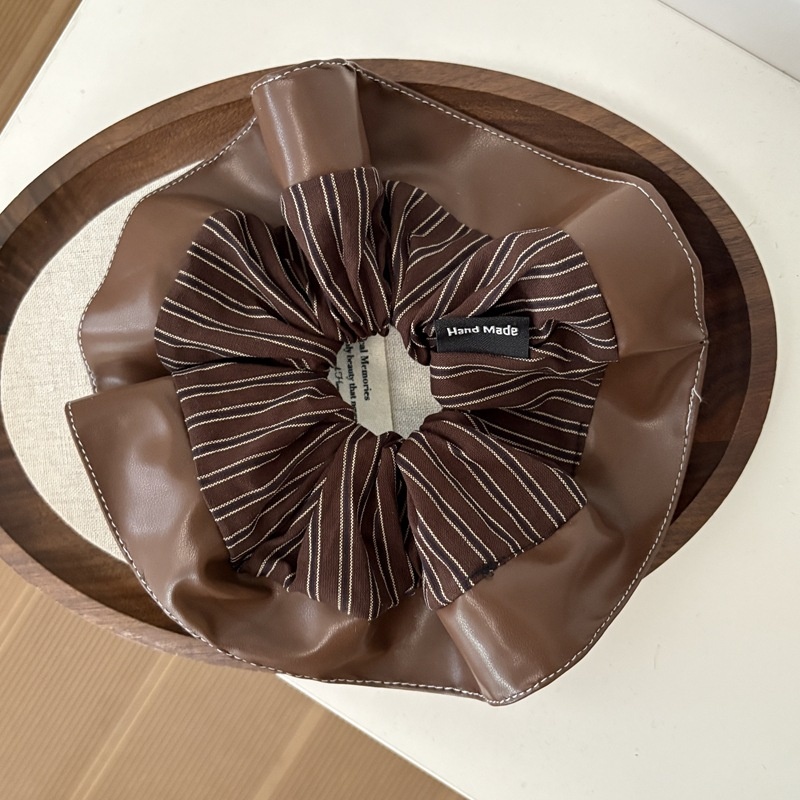 Women's Autumn Vintage Leather Ruffle Ponytail Hair Ties Striped Patchwork