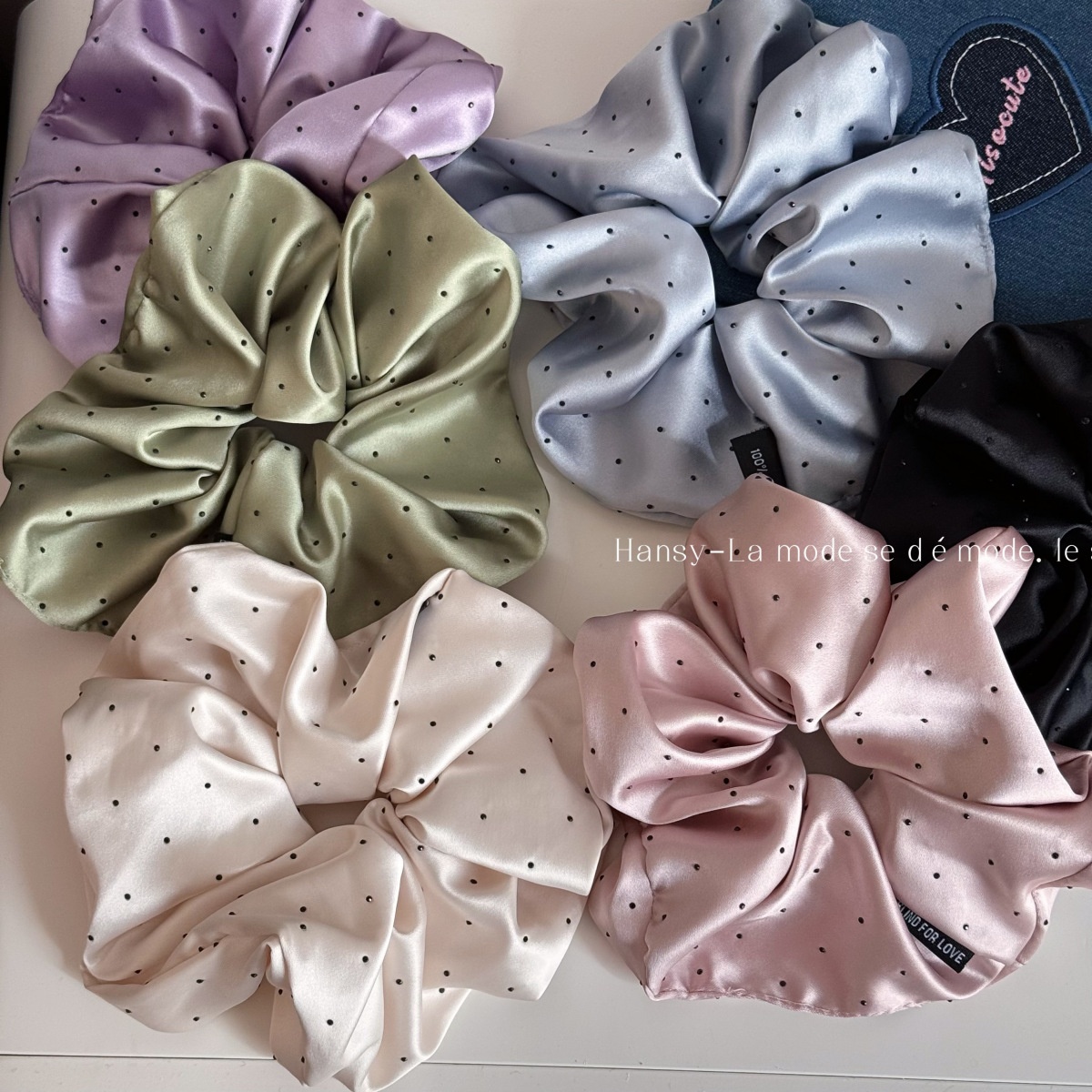 Women's Elegant Spring Satin Hair Tie Scrunchie in Beige Polka Dots