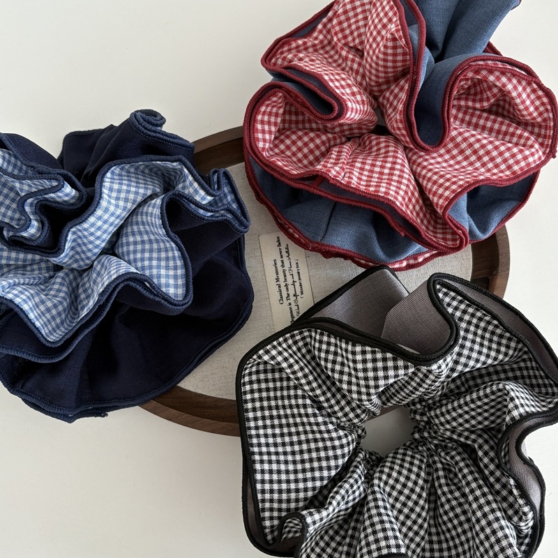 Women's Fabric Multi-Layer Hair Scrunchie Preppy Color Block Plaid