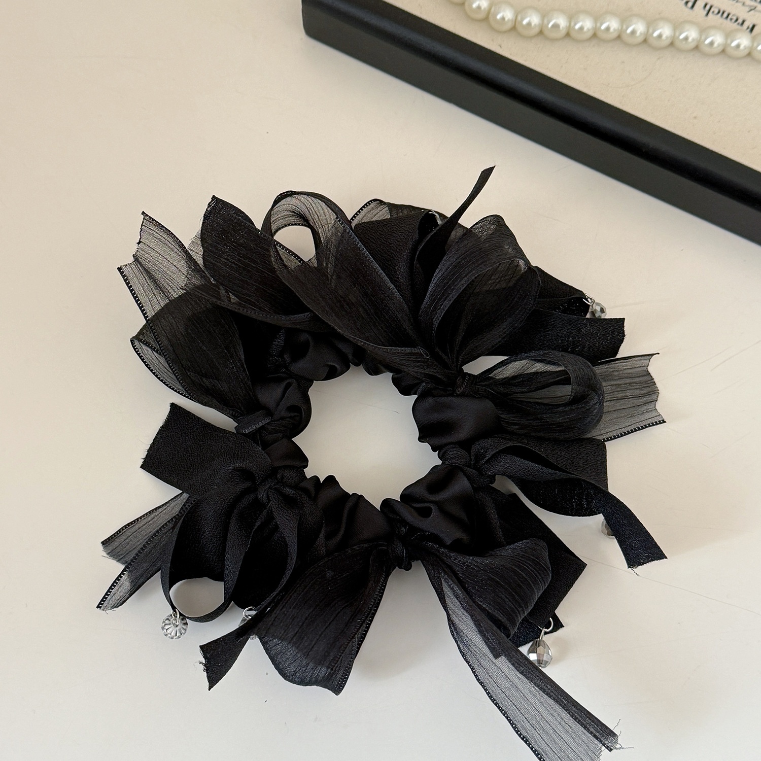 Women's Soft Gauze Spring Summer Hair Tie Black Pink Bowknot