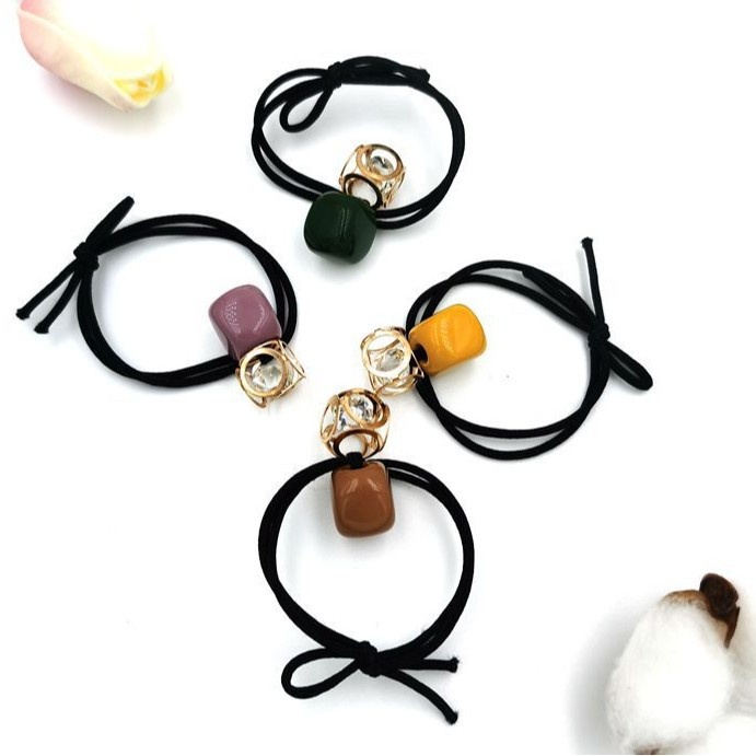 Girls Vintage Metal Zircon Ponytail Holder Geometric Square Beads