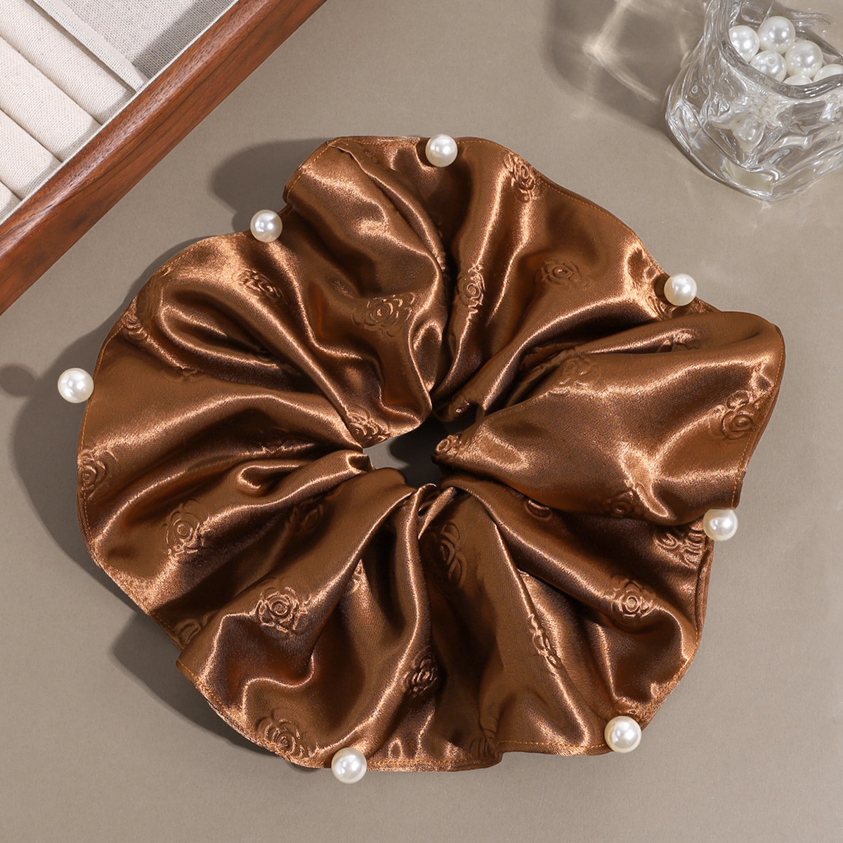 Women's Summer Retro Pearl Satin Hair Tie Beige Floral Pattern