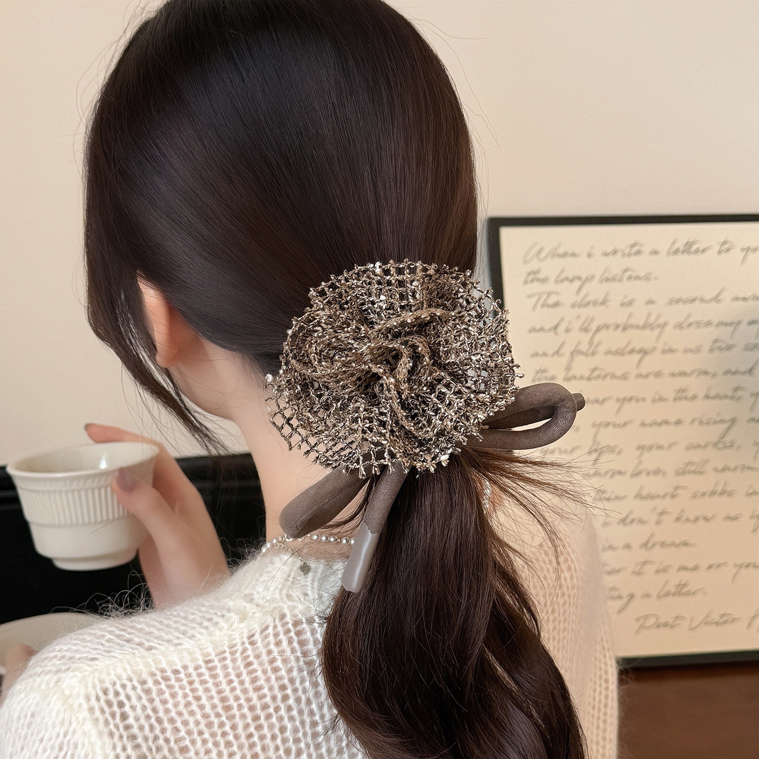 Women's French Romantic Knitted Rose Flower Butterfly Knot Elastic Hair Ties