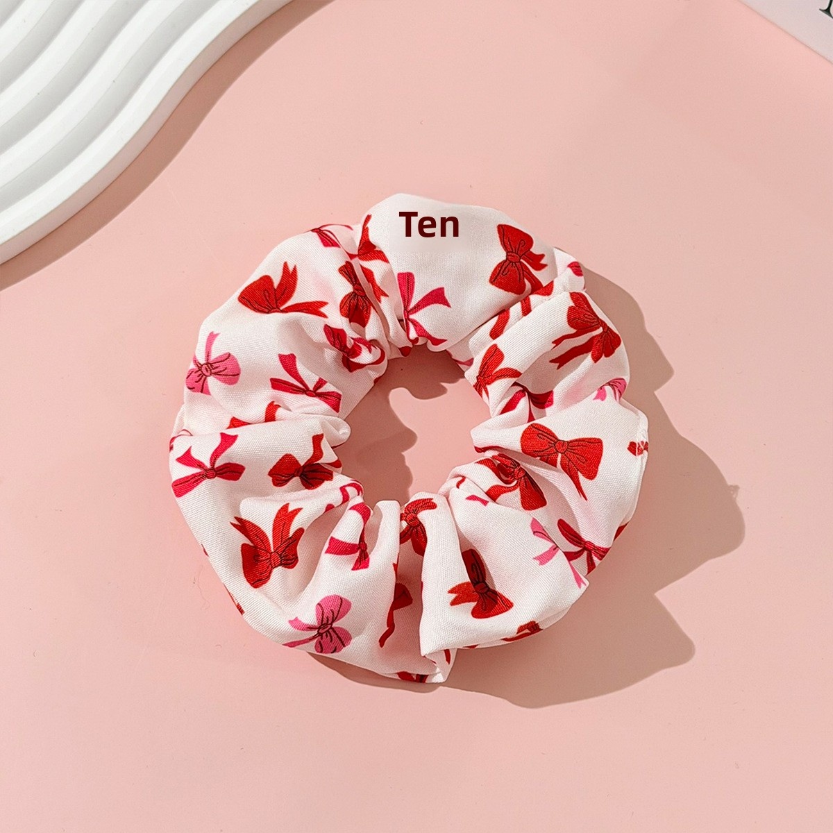 Women's Large Elastic Fabric Hairband White Pink Ribbon Bow Knot Print