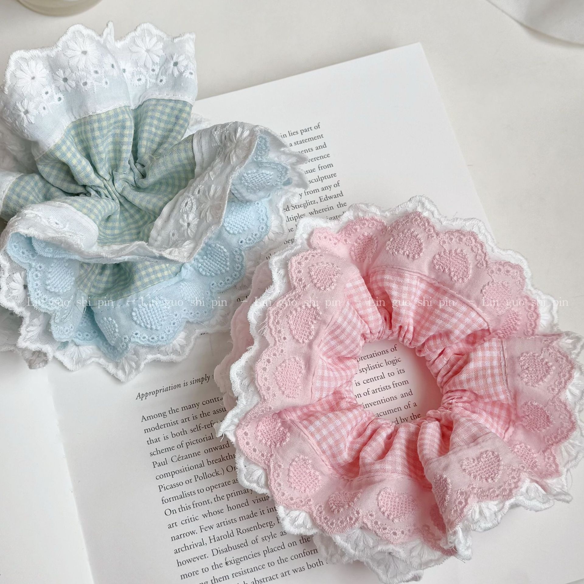 Women's Preppy Lace Heart Shape Hair Tie Daily Accessory Blue Plaid