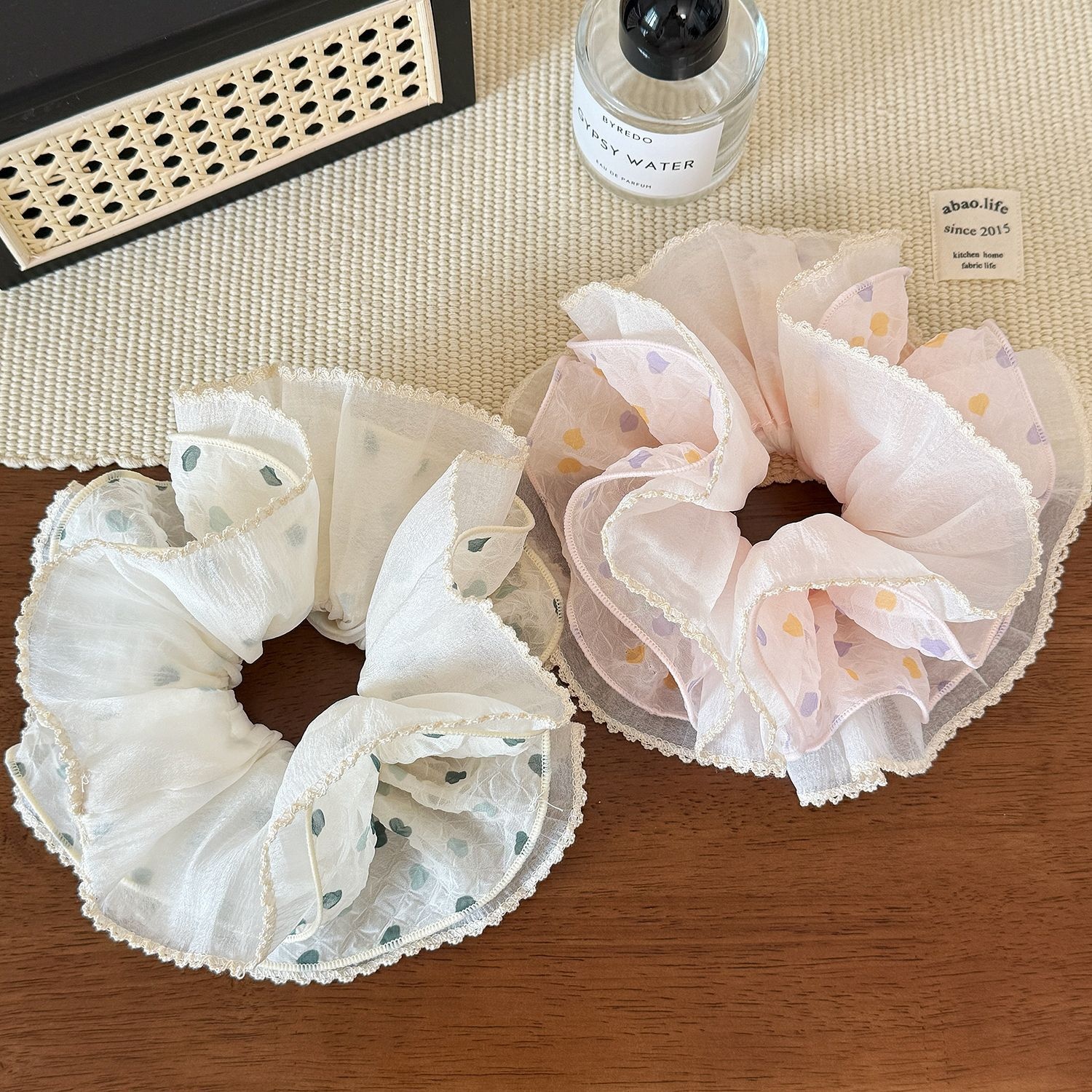 Women's Sweet Spring Gauze Hair Tie Scrunchie Grey Polka Dots