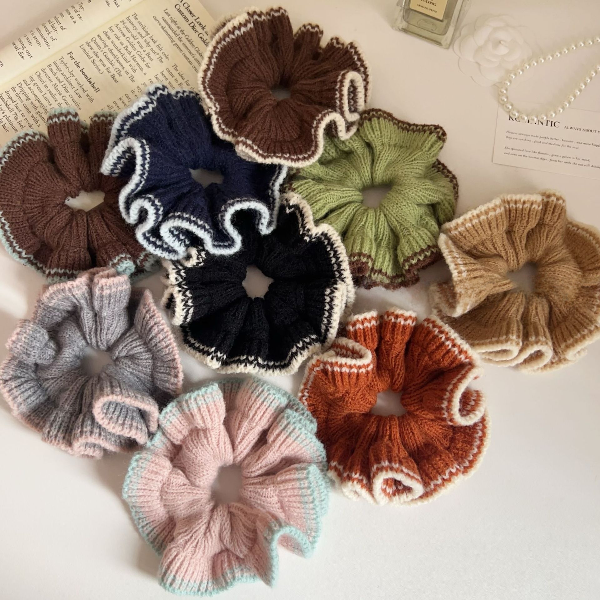 Women's Autumn Winter Warm Yarn Hair Tie Pink Plaid Color Block