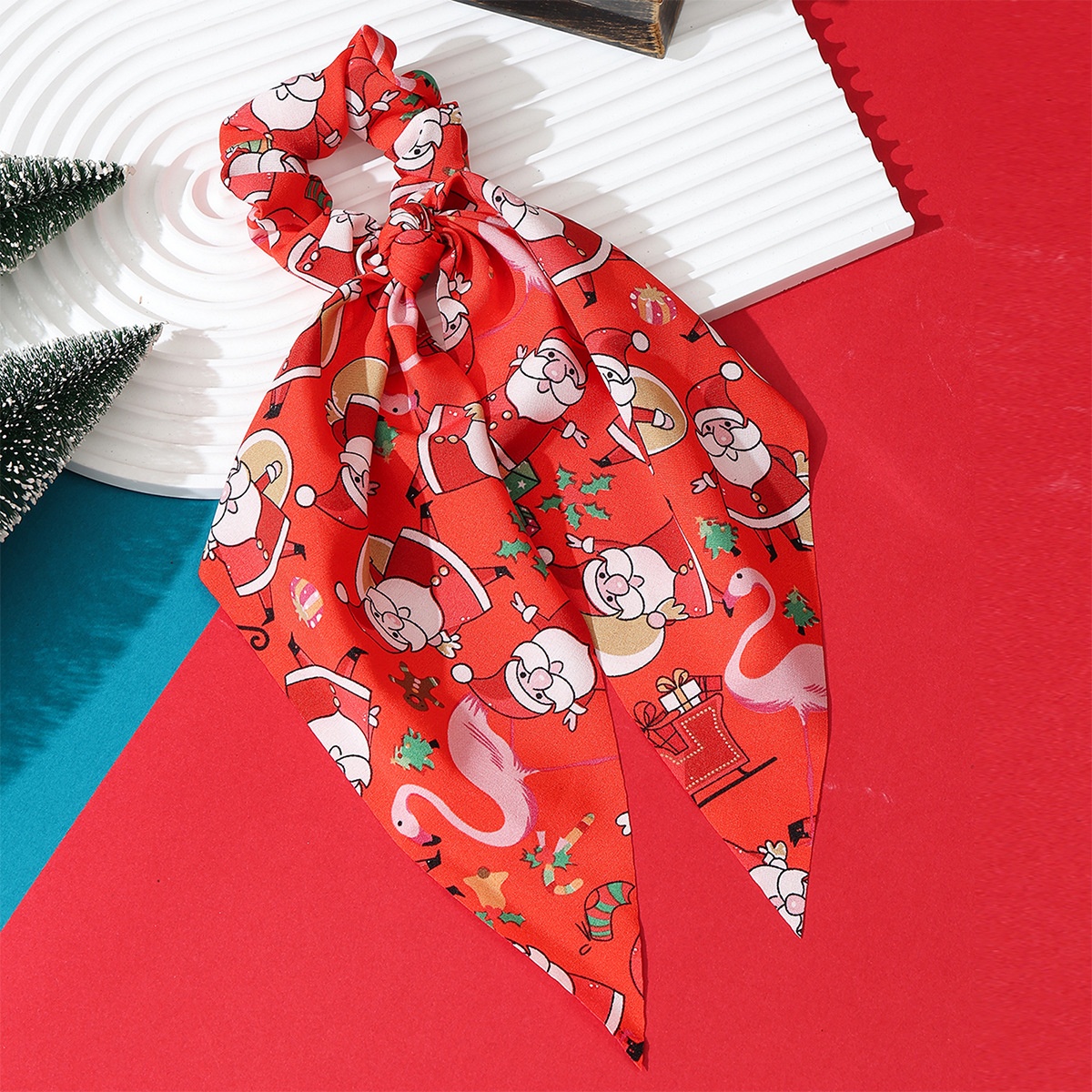 Women's Cloth Ribbon Elastic Hair Ties Christmas Santa Claus Pattern