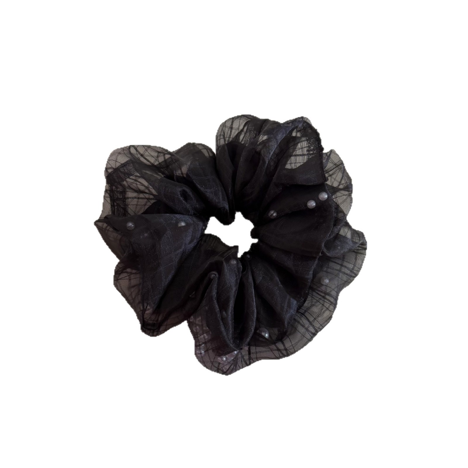 Women's Sweet Apricot Plaid Gauze Hair Tie Scrunchie with Pearls