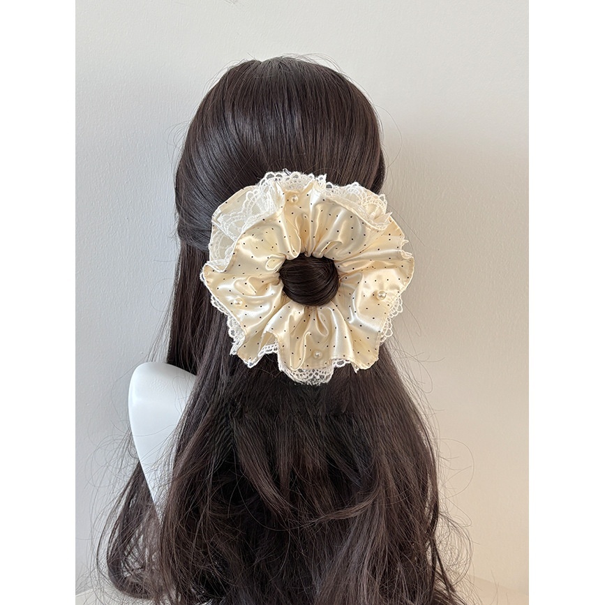 Women's Fairy Style Lace Hair Tie with Pearl Inlay Beige Polka Dots