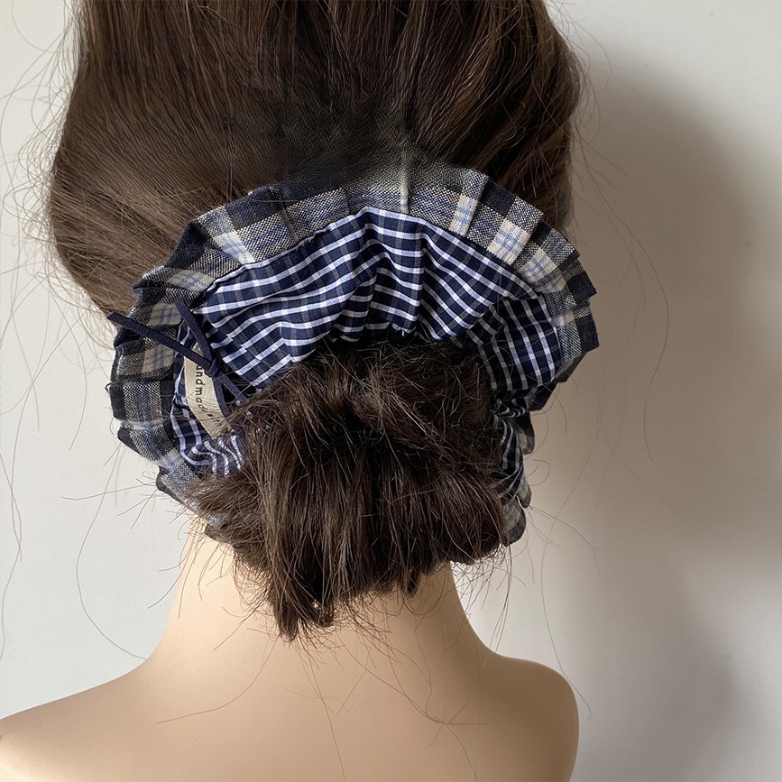 Women Cloth Hair Tie Preppy Style Autumn Accessory Navy Blue Plaid
