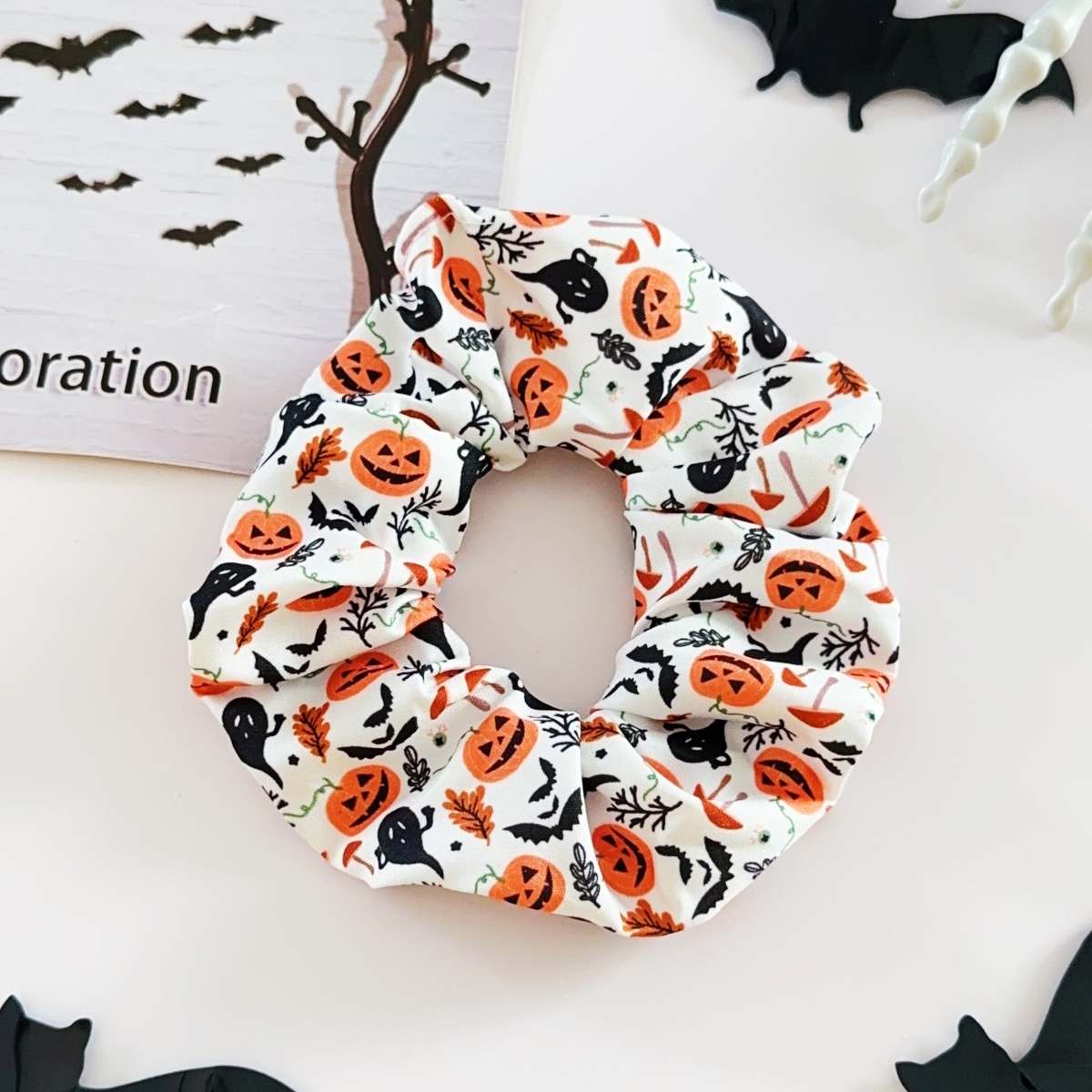 Women's Elastic Cloth Hair Ties Dark Halloween Pumpkin Skull Print