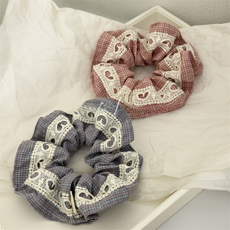 Women's Summer Cloth Hair Scrunchies Pink Plaid Lace Patchwork