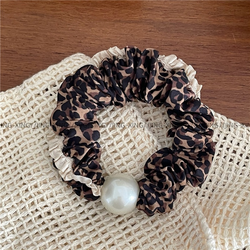 Women's Retro Lace Leopard Print Pearl Beaded Pleated Elastic Hair Ties